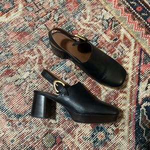 AEROSOLES Black Slingback Mules with Gold Buckle